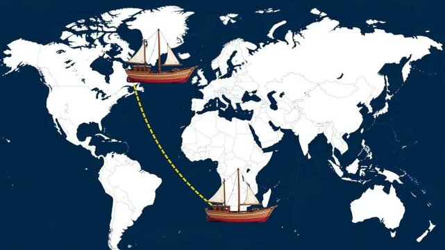 Historical maritime trade routes, graphical representation of a ship's movement to a destination on a world map