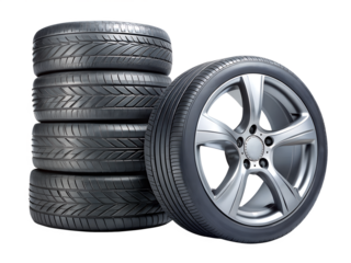A Set of Summer Wheels Tires and Discs Stack Isolated on Transparent or White Background, PNG