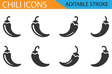 Simple Chili Pepper Icons for Cooking Projects with Editable Stroke