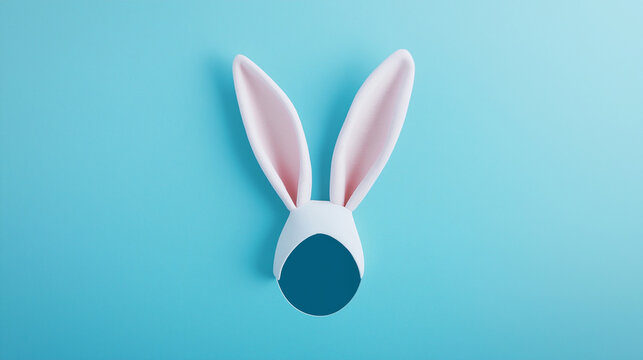 White rabbit ears sticking out of hole on blue background