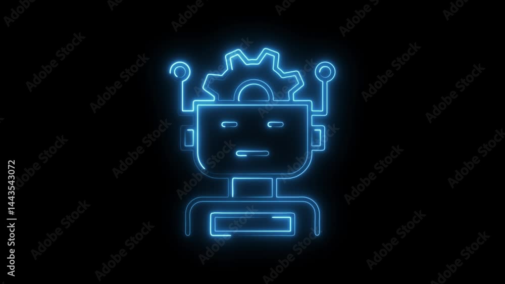 Poster neon robot icon animation depicting artificial intelligence technology and machine learning on a bla