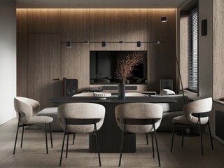 White living room interior with kitchen and dining area, shelf with art decoration, no carpet on hardwood floor. Panoramic window on tropics. Mockup copy space wall. 3D rendering