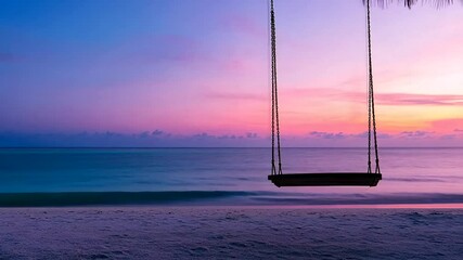 Serene beach at sunset with a swing, ideal for relaxation and tropical retreats