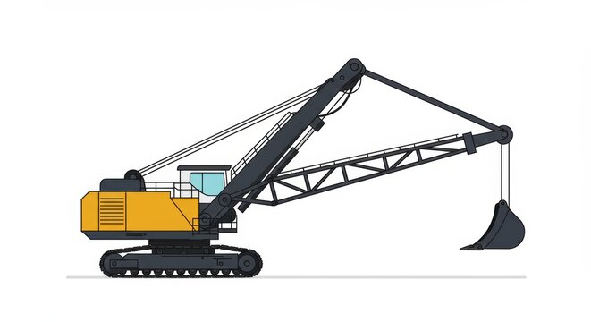 Stylized minimalist dragline excavator with extended boom on a stark white background