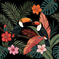 A vibrant and distinctive tropical pattern characterized by luxuriant palm leaves, exotic blossoms, and foliage.