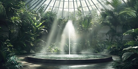 Serene indoor fountain under a glass dome surrounded by lush tropical greenery and soft natural sunlight