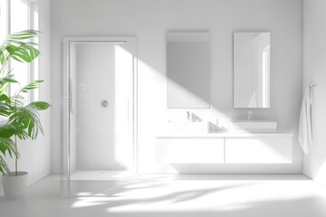 Bright white bathroom interior with plant, shower, vanity, and mirrors in a modern design style