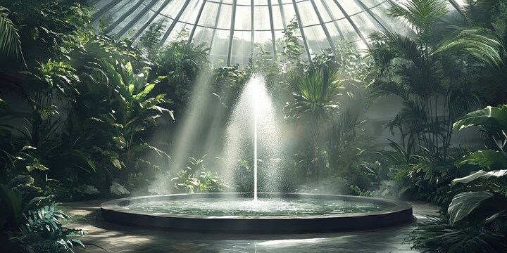 Serene indoor fountain under a glass dome surrounded by lush tropical greenery and soft natural sunlight