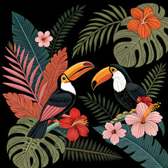 A vibrant and distinctive tropical pattern characterized by luxuriant palm leaves, exotic blossoms, and foliage.
