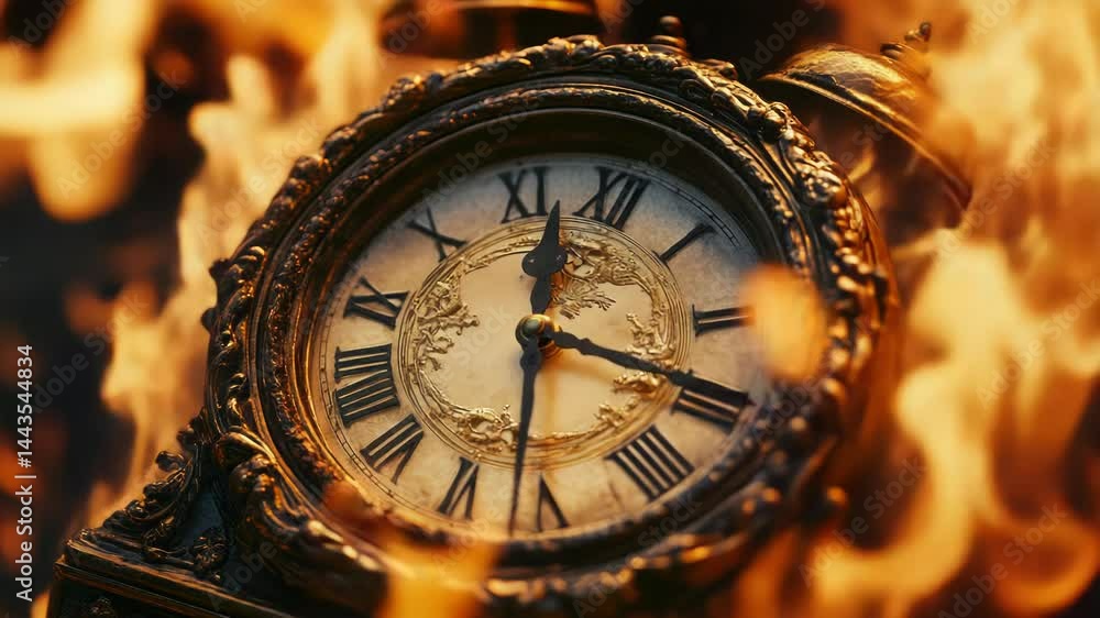 Poster a detailed view of a clock surrounded by flames, suitable for use in scenarios requiring a sense of 