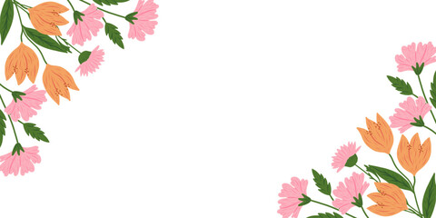 Floral border with field flowers. Botanical design, horizontal decoration. Blossoms, leaves, summer nature. Meadow wildflowers mix, decor. Flat vector illustration isolated on white background.