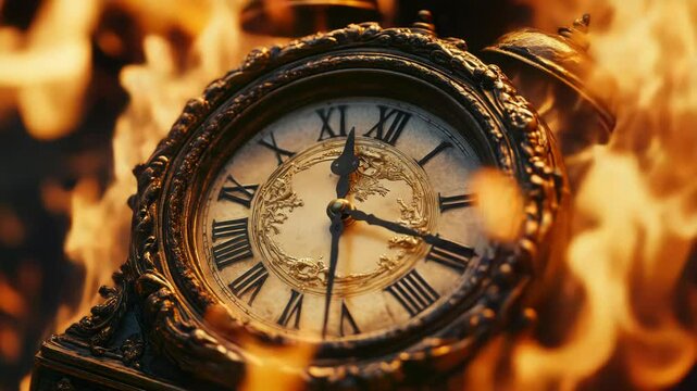 A detailed view of a clock surrounded by flames, suitable for use in scenarios requiring a sense of urgency or danger