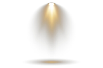 Focused spotlights beam down on center stage area. Studio lights form dramatic shadows and spotlight rings. Concert lighting emits strong radiant lines in motion. Projector elements