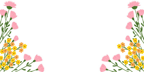 Floral border with field flowers. Botanical design, horizontal decoration. Blossoms, leaves, summer nature. Meadow wildflowers mix, decor. Flat vector illustration isolated on white background.