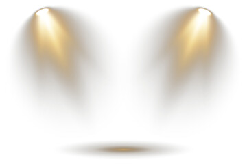 Concert spotlight glows brightly with sharp focused beam. Studio lighting radiates softly in controlled radial arcs. Scene lights simulate professional entertainment environments. Light beams