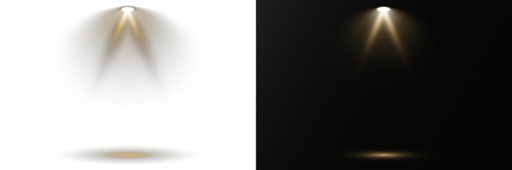 Bright spotlights shine down, forming focused light circles. Stage lighting creates dramatic beams...