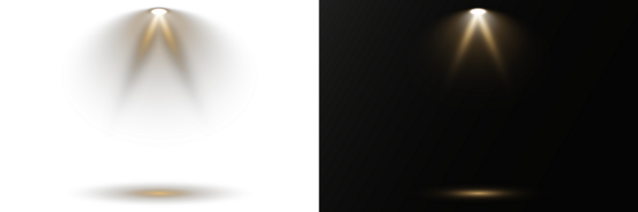 Bright spotlights shine down, forming focused light circles. Stage lighting creates dramatic beams in concert visuals. Overlay effects simulate professional studio illumination. Row of spotlights