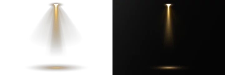 Selbstklebende Fototapeten Licht, Schatten Collection of spotlights arranged in symmetrical lighting design. Stage lights shine vertically, highlighting dramatic show moments. Bright white beams cut through atmospheric haze effects.   © Максим Славов