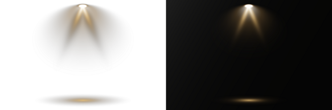 Bright spotlights shine down, forming focused light circles. Stage lighting creates dramatic beams in concert visuals. Overlay effects simulate professional studio illumination. Row of spotlights