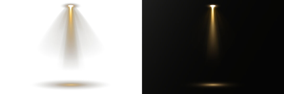 Collection of spotlights arranged in symmetrical lighting design. Stage lights shine vertically, highlighting dramatic show moments. Bright white beams cut through atmospheric haze effects. 