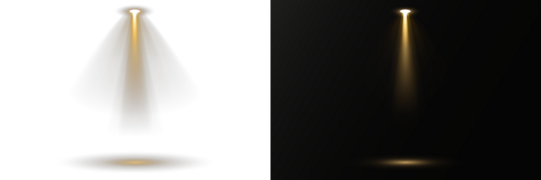 Collection of spotlights arranged in symmetrical lighting design. Stage lights shine vertically, highlighting dramatic show moments. Bright white beams cut through atmospheric haze effects. 