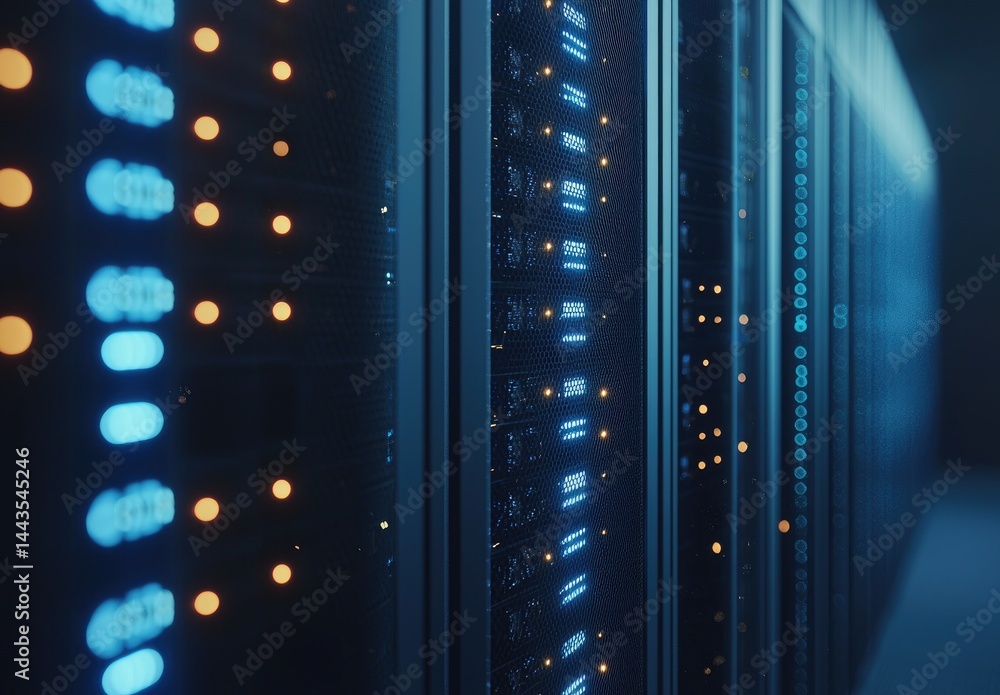 Poster close-up view of modern server racks with glowing blue and orange lights in a dimly lit data center,