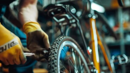A mechanic wearing gloves adjusts a bicycle, the video is suitable for sports and repair topics.
