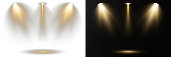 Focused spotlights beam down on center stage area. Studio lights form dramatic shadows and spotlight rings. Concert lighting emits strong radiant lines in motion. Projector elements