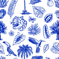 Seamless pattern with Japanese leopard or jaguar with tropical leaves, toucan, flamingo, hummingbird. Wild animal with plants. Tattoo illustration. Banner or poster for advertising or web © artbalitskiy
