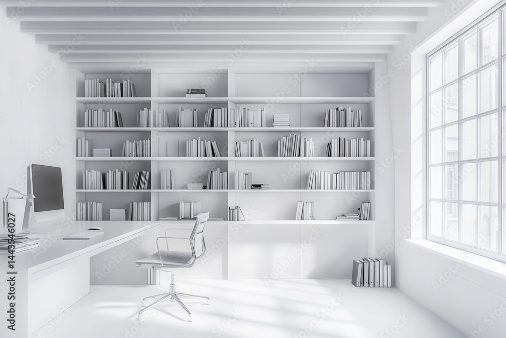 Poster a bright white office space with a large bookshelf filled with books and a desk with a computer