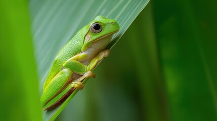 Emerald Embrace: A Green Tree Frog's Perch