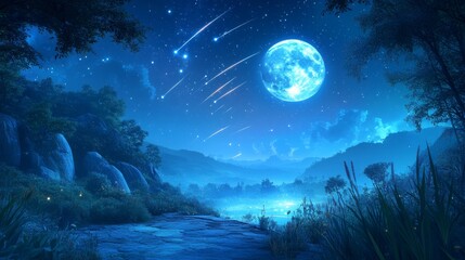 Fototapeta premium Nighttime celestial landscape with a luminous moon and shooting stars.