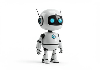 White robot with glowing blue eyes isolated on white background