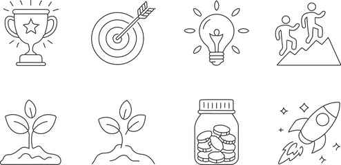 trophy, dart board, light bulb, mountains, plant, jar of pills, rocket
