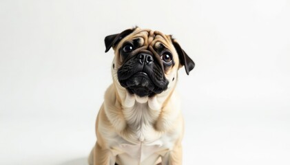 Playful pug looking up, isolated on pure white backdrop, breed, companion, canine