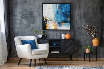 Modern living room with abstract art, a white armchair, and a black wooden sideboard, accented by personal accessories