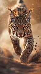 A Tense bobcat walking directly toward the camera, staring intensely into the lens, natural savannah environment, dramatic golden hour lighting, cinematic depth of field, highly detailed textures,