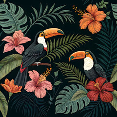 A vibrant and distinctive tropical pattern characterized by luxuriant palm leaves, exotic blossoms, and foliage.
