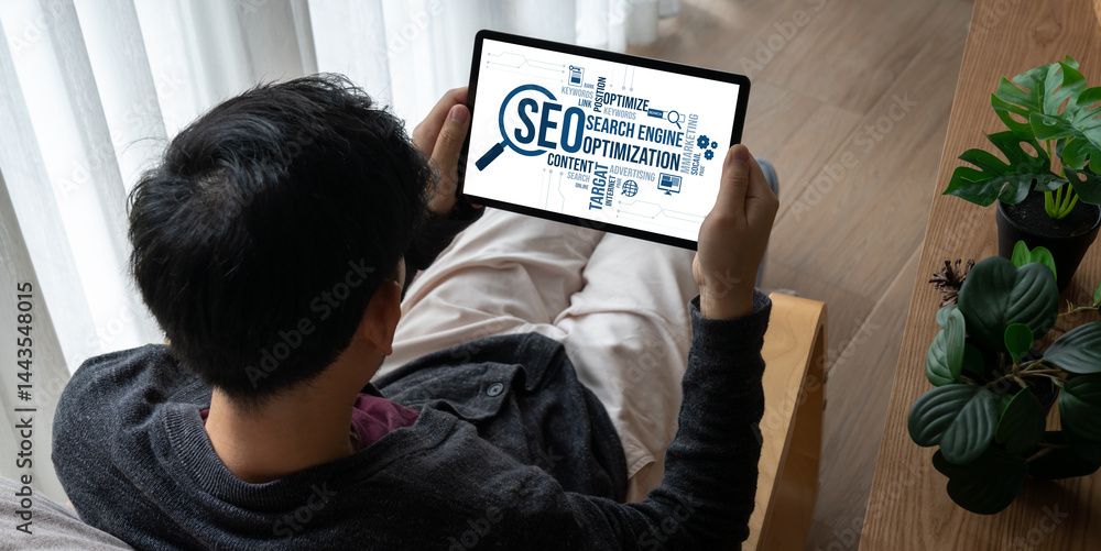 Poster seo search engine optimization for modish e-commerce and online retail business showing on computer 
