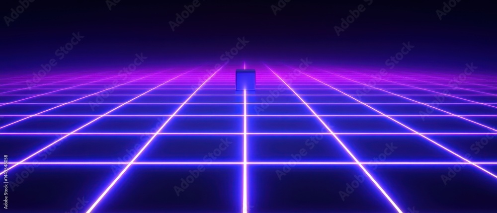 Poster neon grid background with cube