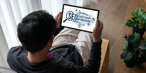 SEO search engine optimization for modish e-commerce and online retail business showing on computer...