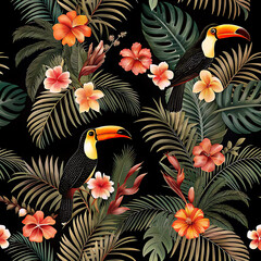 A vibrant and distinctive tropical pattern characterized by luxuriant palm leaves, exotic blossoms, and foliage.