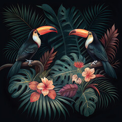 A vibrant and distinctive tropical pattern characterized by luxuriant palm leaves, exotic blossoms, and foliage.