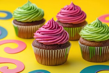 Bright cupcakes with magenta and lime green frosting, encircled by colorful abstract swirls on a sunny yellow background.