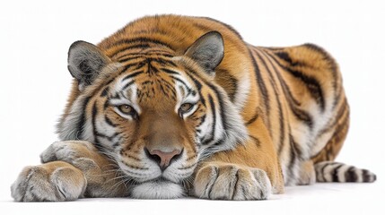 Fototapeta premium Majestic Tiger Lying on White Background in Calm and Relaxed Pose