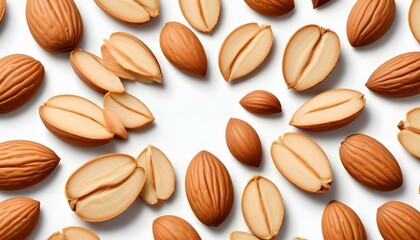 A close-up showcases a mix of whole and split almonds scattered on a pristine white surface.