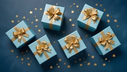 Beautifully wrapped light blue gifts with golden bows and star accents on dark blue surface.