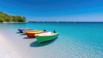 Naklejka premium Colorful boats anchored on pristine white sandy beach with clear turquoise water, sunny day with bright blue sky, and tropical paradise concept.