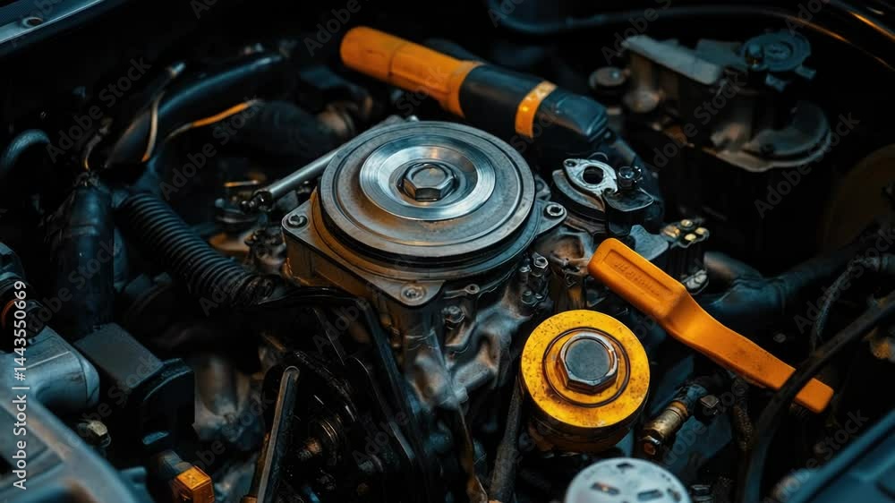 Aufkleber a close-up shot of a car engine, suitable for use in automotive or mechanical contexts