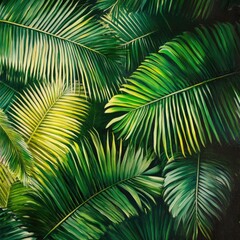 Obraz premium Green palm tree leaves create a vibrant tropical background, perfect for a summer vacation or exotic nature theme